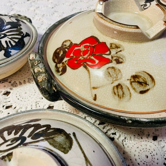 Vintage Donabe Japanese Rice Cooker Flower Motif Stoneware Earthenware Set Rare - Picture 12 of 14